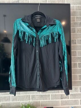 Cowgirl Tuff Black Pull Over Rodeo Shirt with Teal Metallic Fringe NWOT
